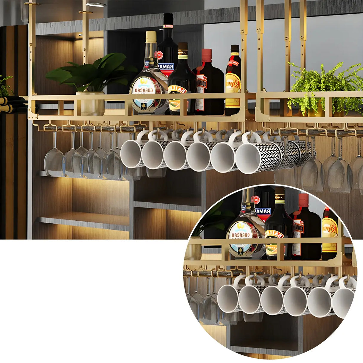 Black Rectangular Metal Large Hanging Wine Rack with Holder Image - 9