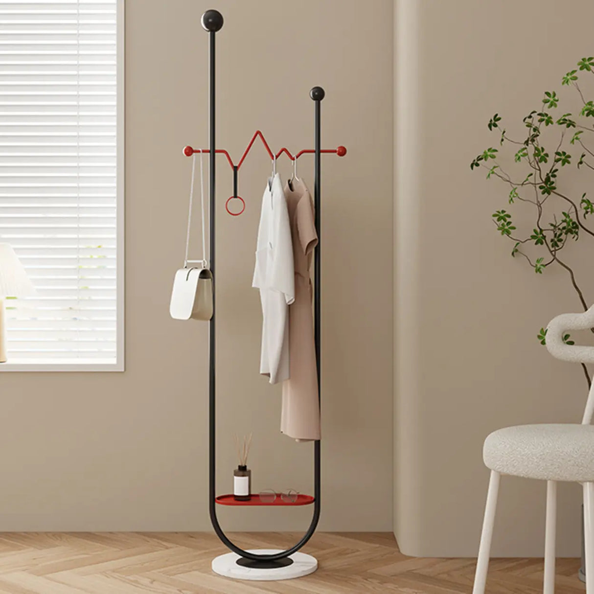 Black-Red Storage Loop Metal Hooks Shelves Coat Stand Rack Image - 7