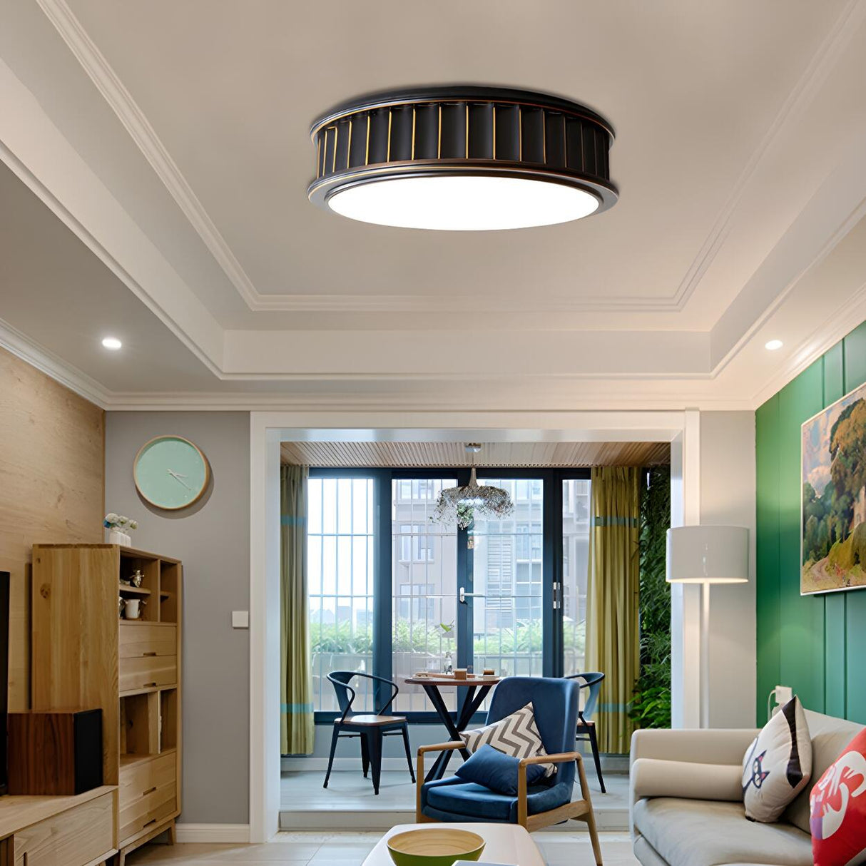 Black Ribbed Drum Small LED Flush Mount Ceiling Light Image - 3
