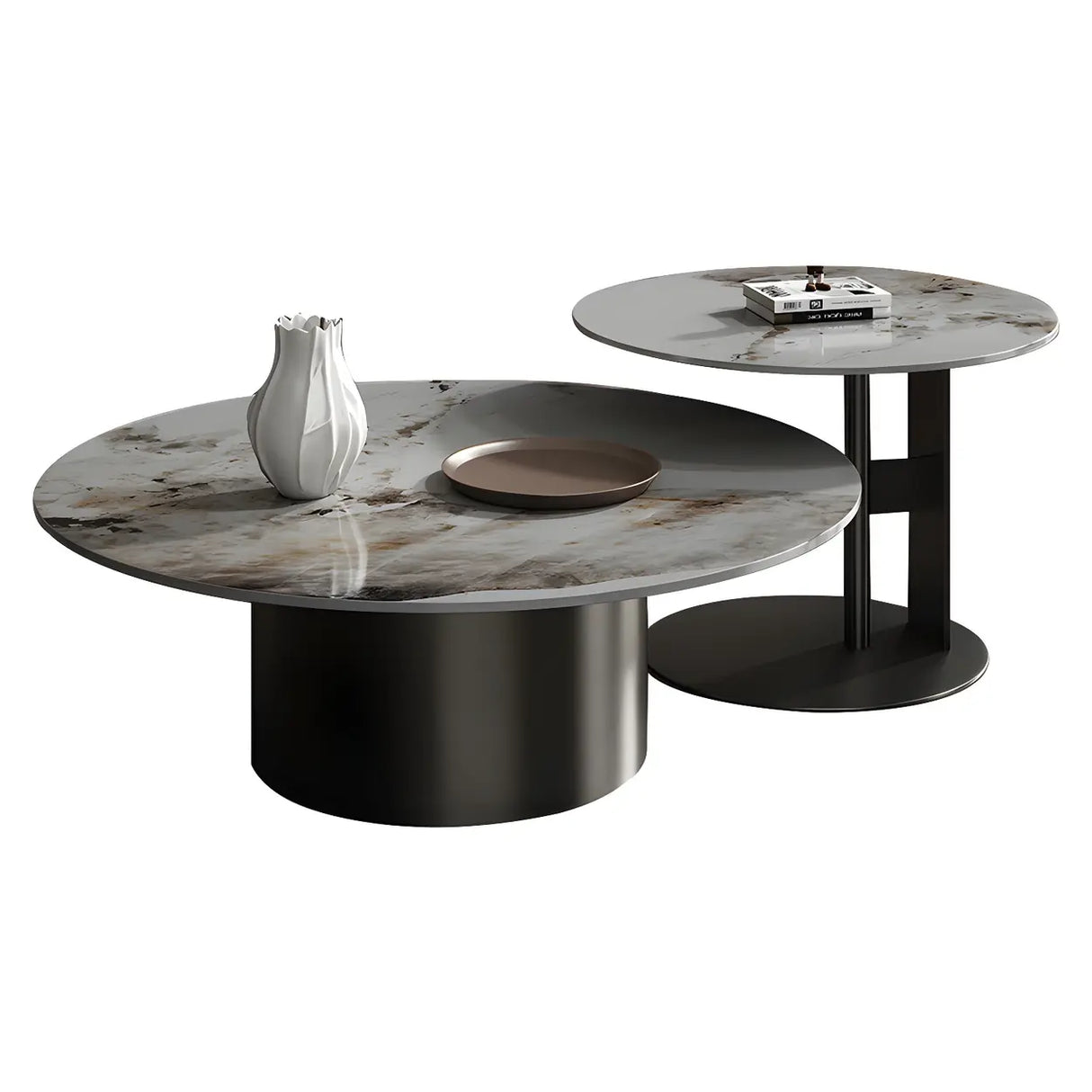 Black Round Stone Top Metal Base Nesting Coffee Table Image - 10