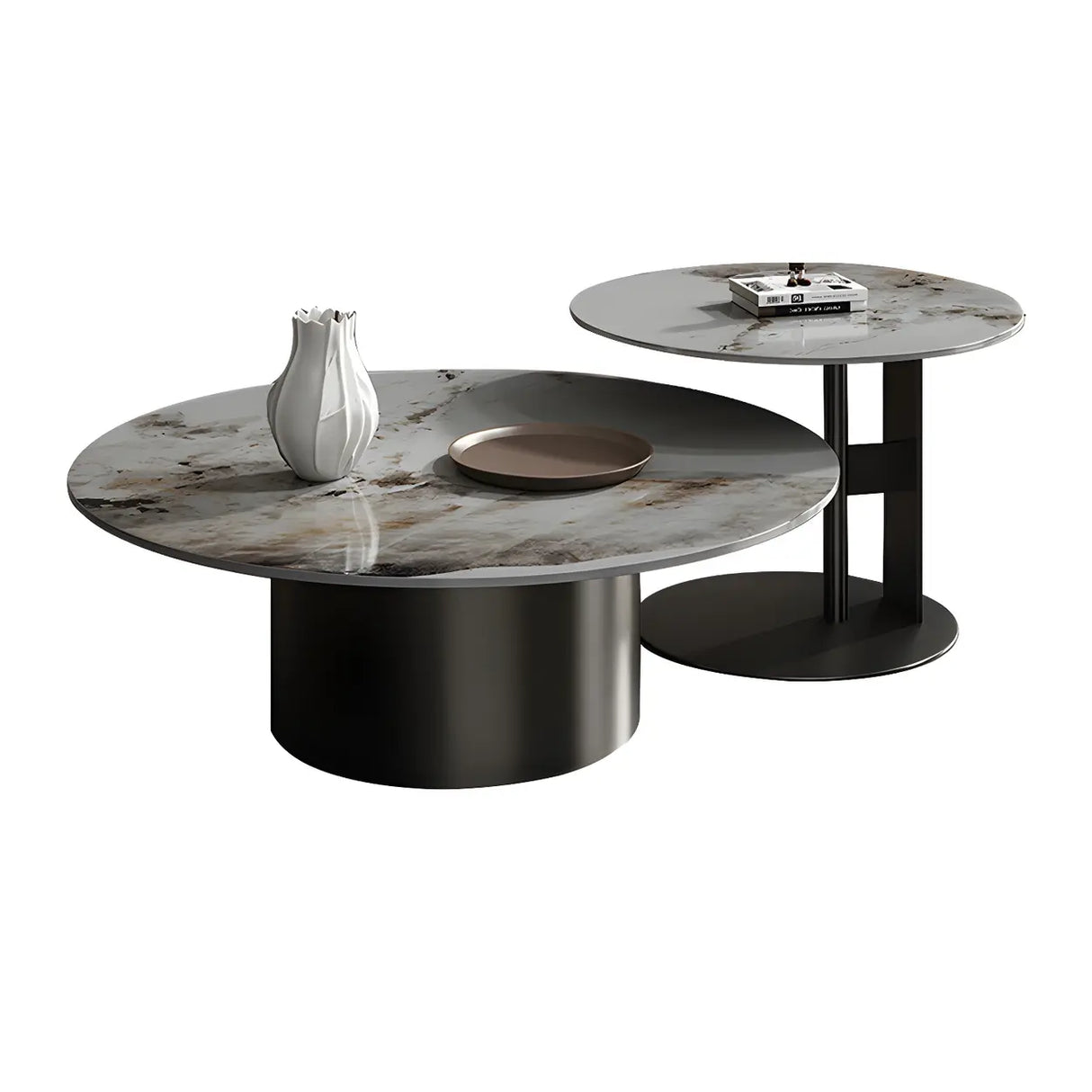 Black Round Stone Top Metal Base Nesting Coffee Table Image - 11