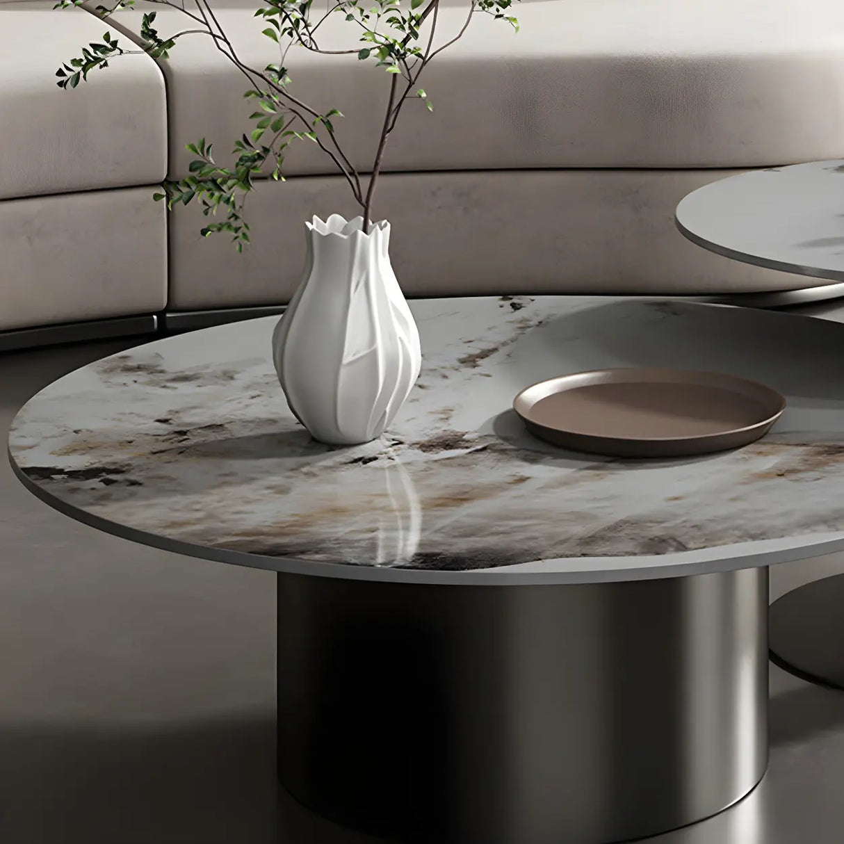 Black Round Stone Top Metal Base Nesting Coffee Table Image - 12