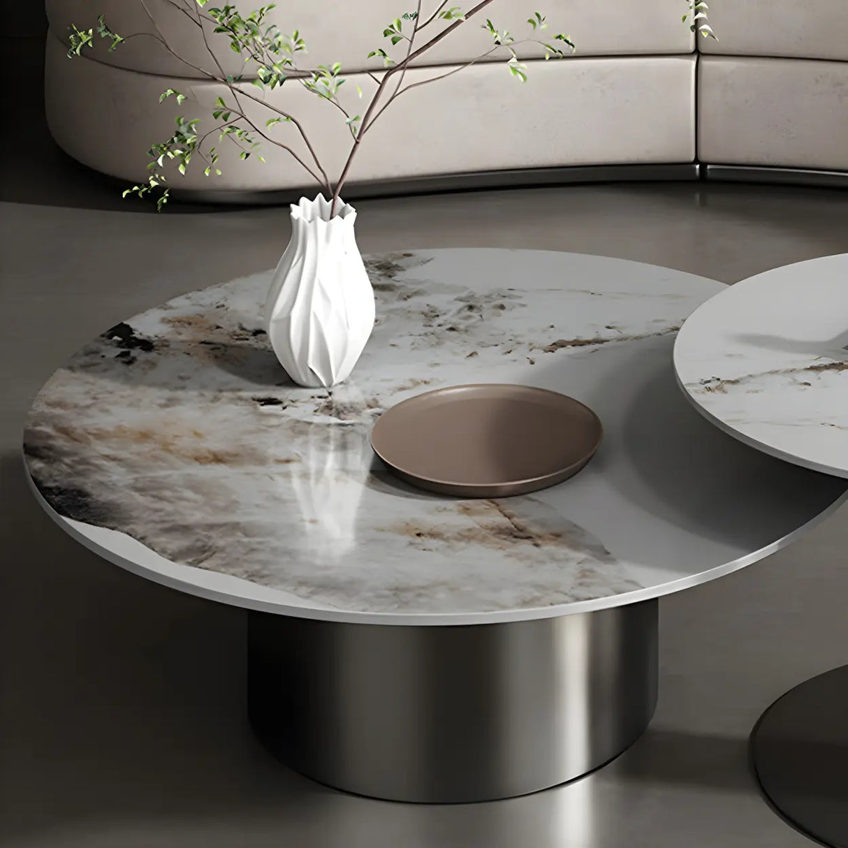 Black Round Stone Top Metal Base Nesting Coffee Table Image - 13