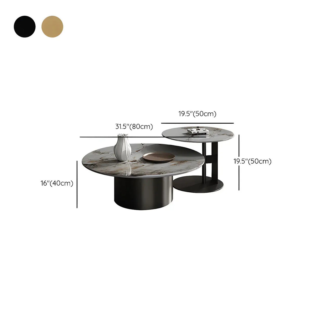 Black Round Stone Top Metal Base Nesting Coffee Table Image - 21