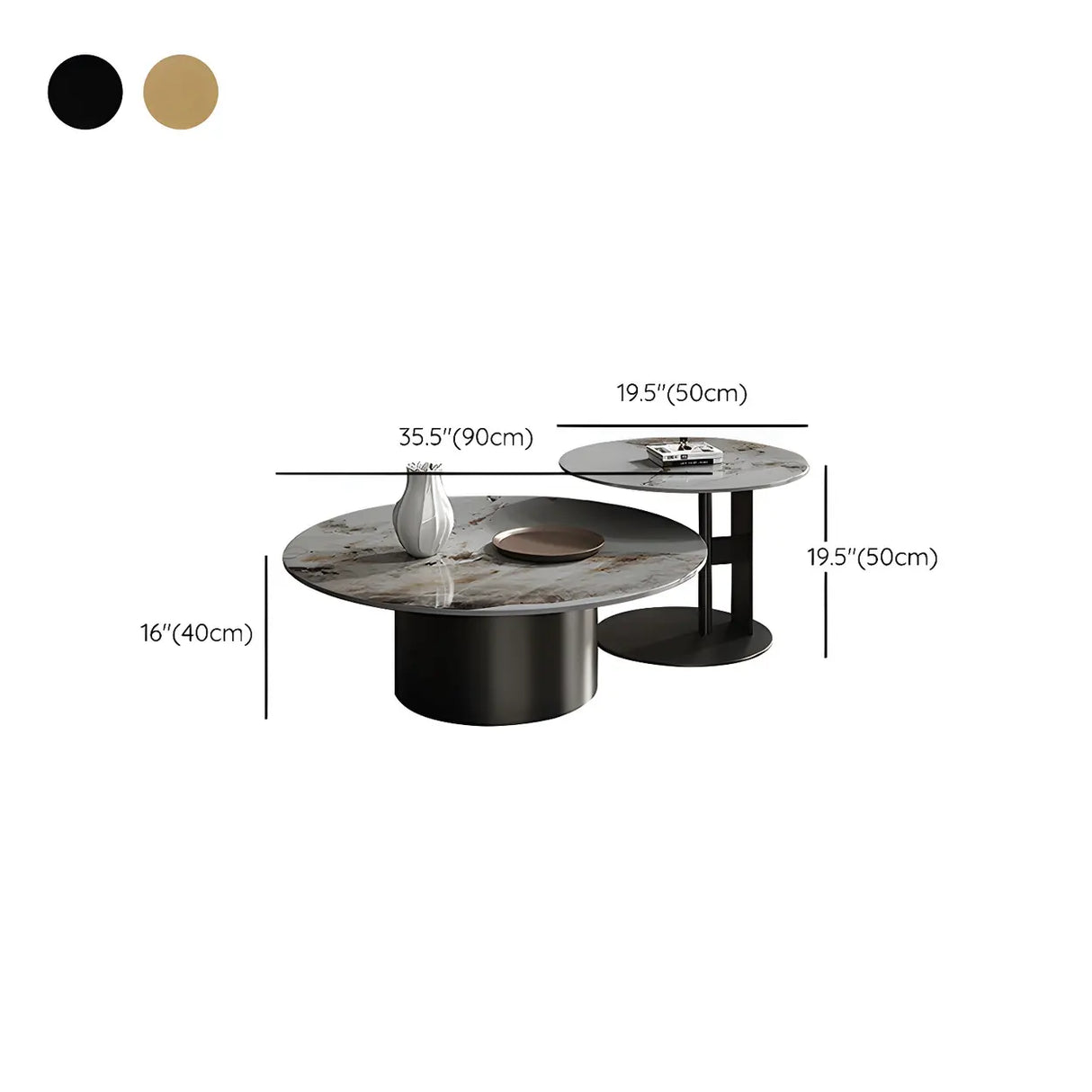 Black Round Stone Top Metal Base Nesting Coffee Table Image - 22