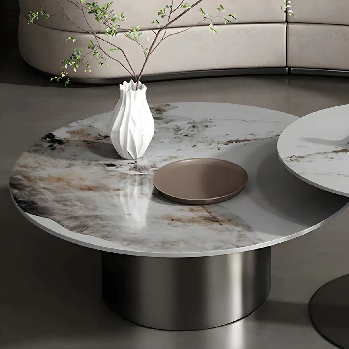 Black Round Stone Top Metal Base Nesting Coffee Table Image - 4