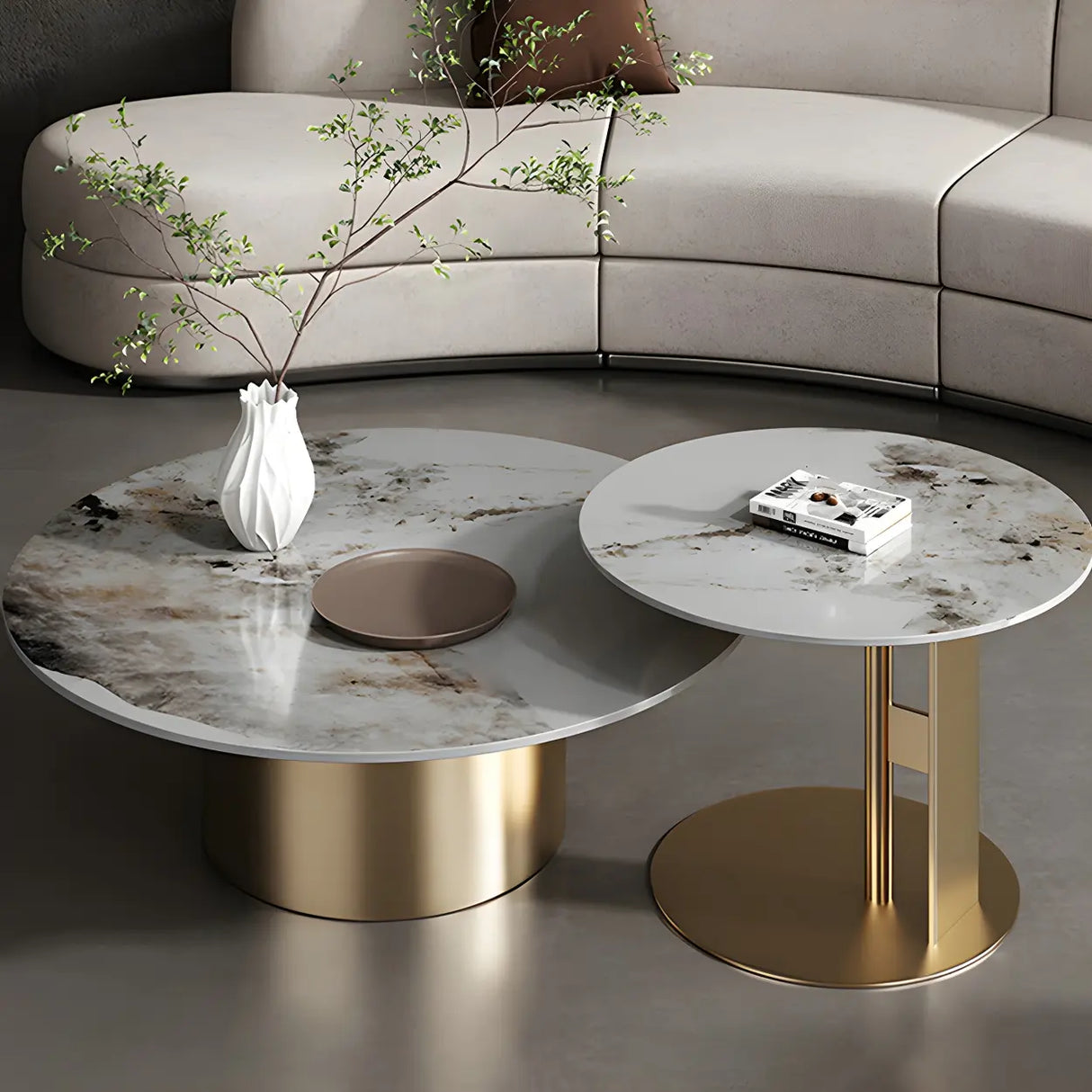 Black Round Stone Top Metal Base Nesting Coffee Table Image - 6