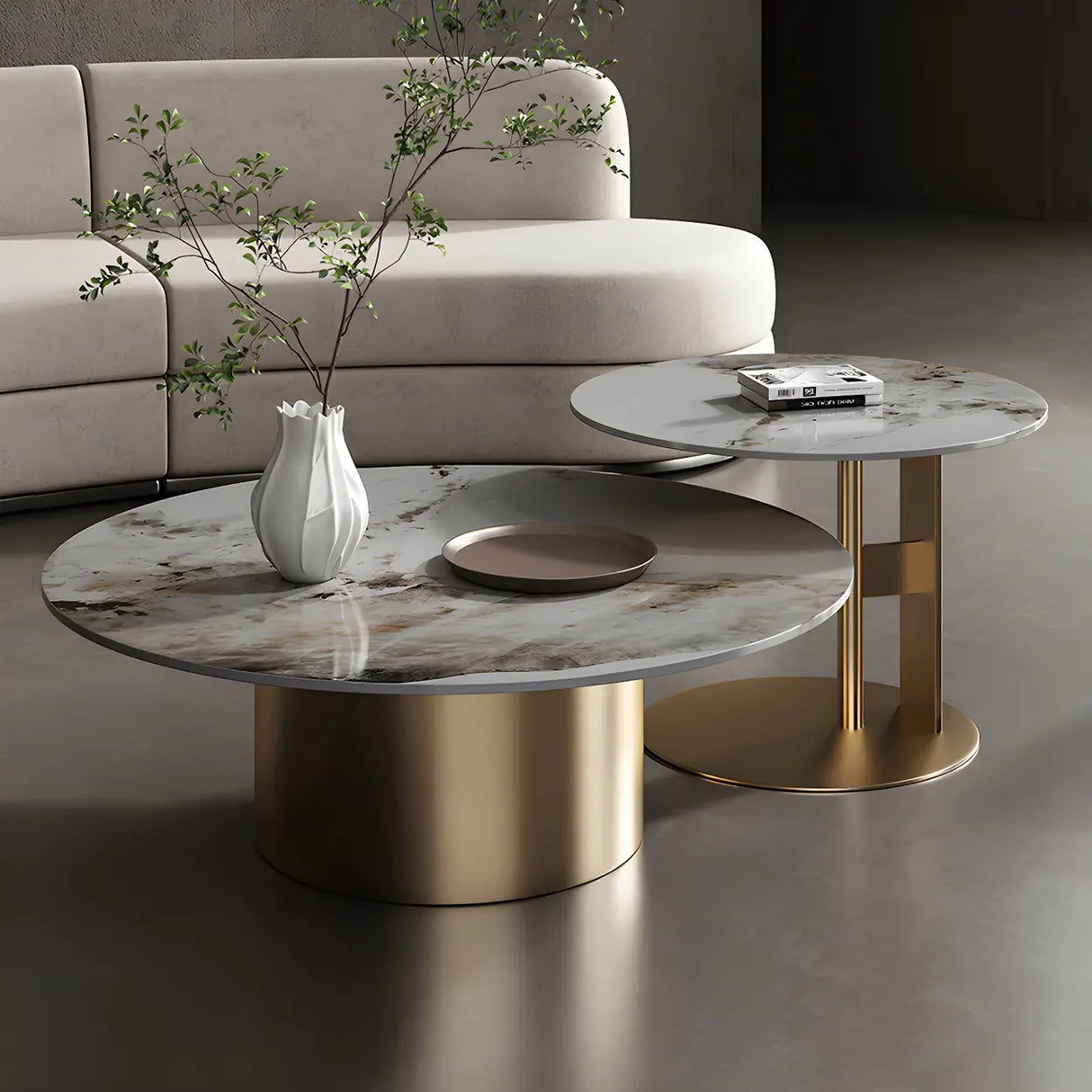 Black Round Stone Top Metal Base Nesting Coffee Table Image - 8