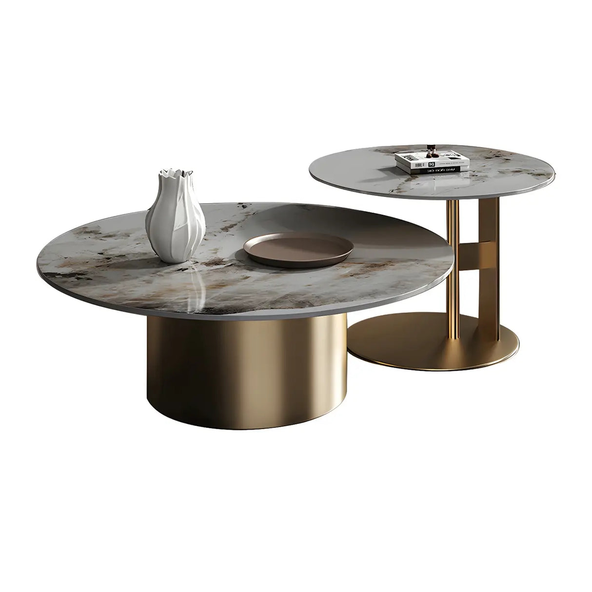 Black Round Stone Top Metal Base Nesting Coffee Table Image - 9