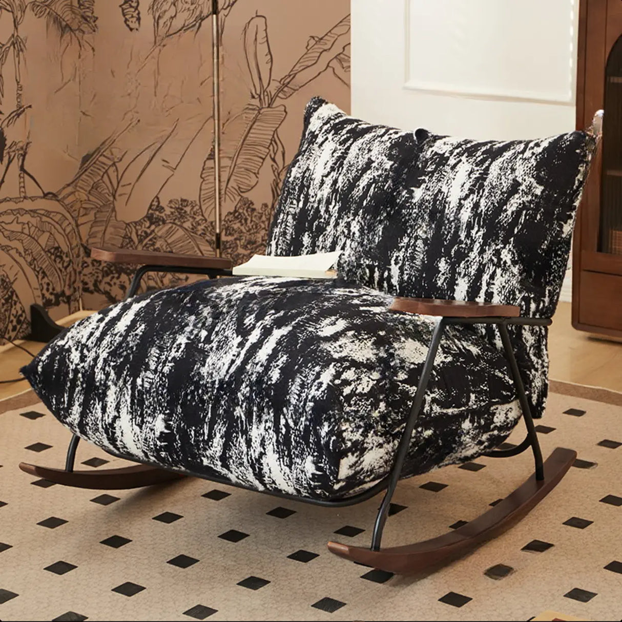 Black Scratch Resistant Upholstered Fixed Rocking Chair Image - 2