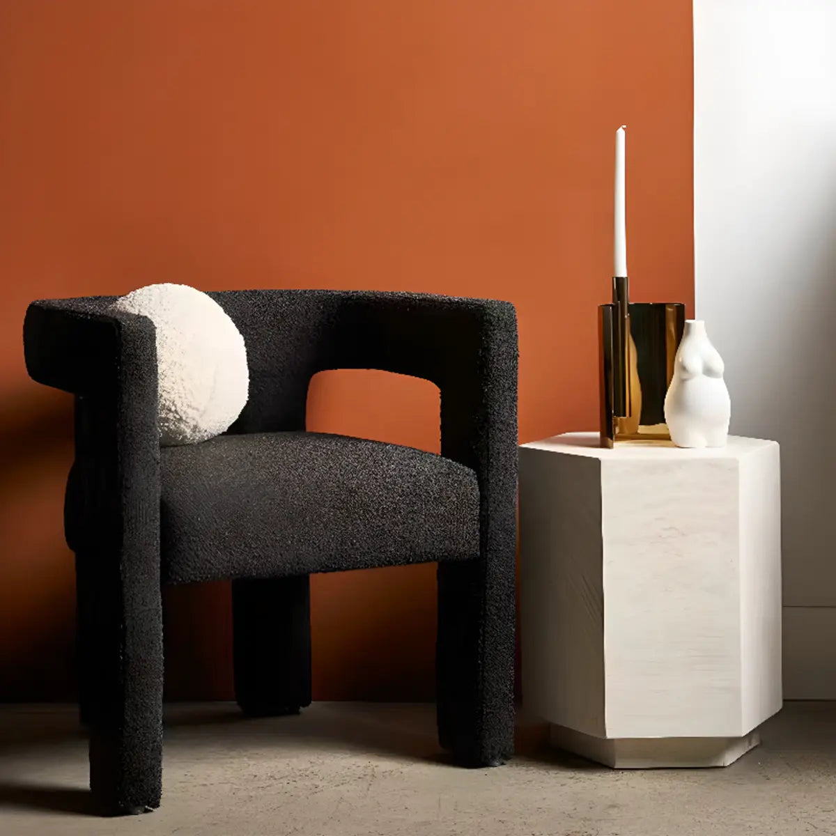 Black Sherpa Fabric Fixed Back Four Legs Arm Chair Image - 3