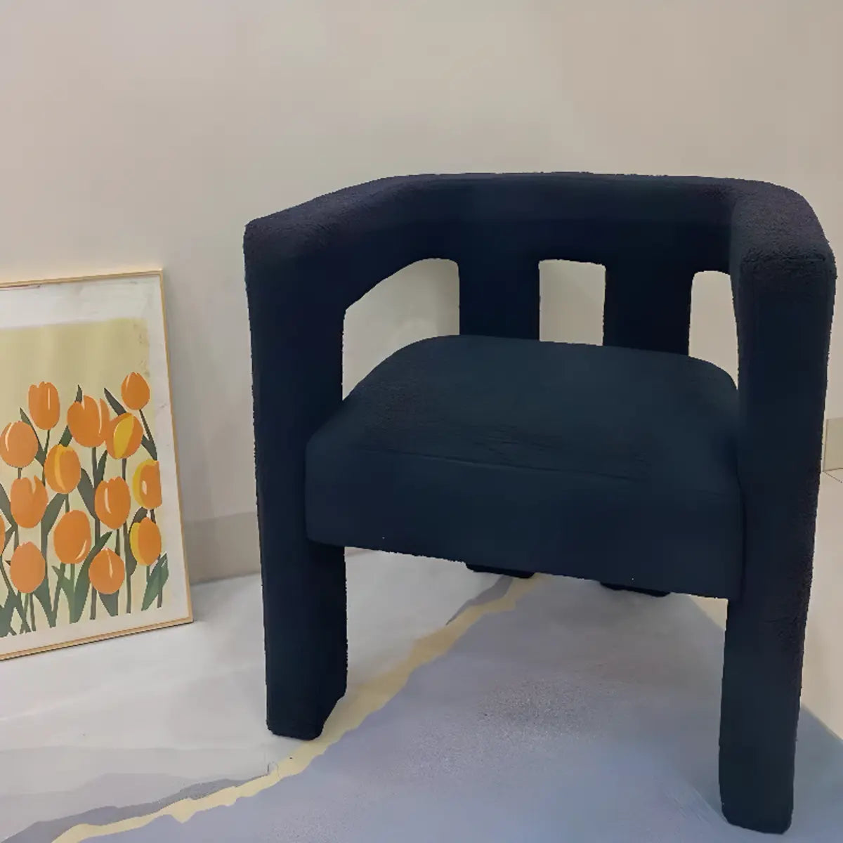 Black Sherpa Fabric Fixed Back Four Legs Arm Chair Image - 4