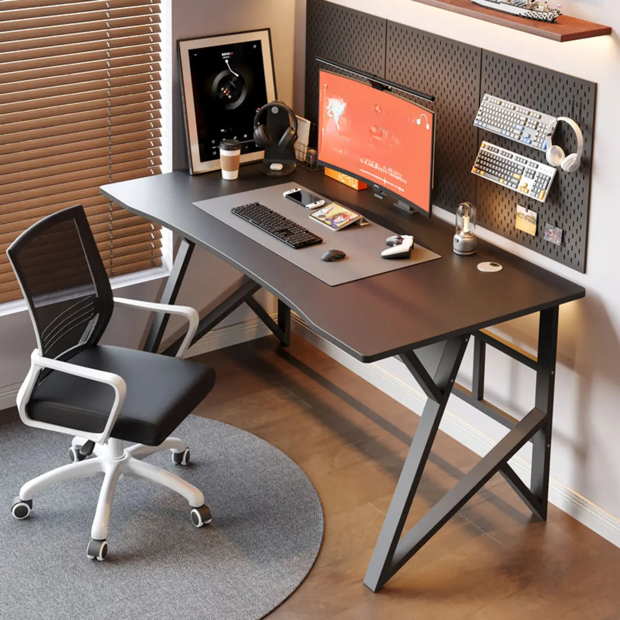 Black Standard Ergonomic Curved Wooden Gaming Desk Image - 1