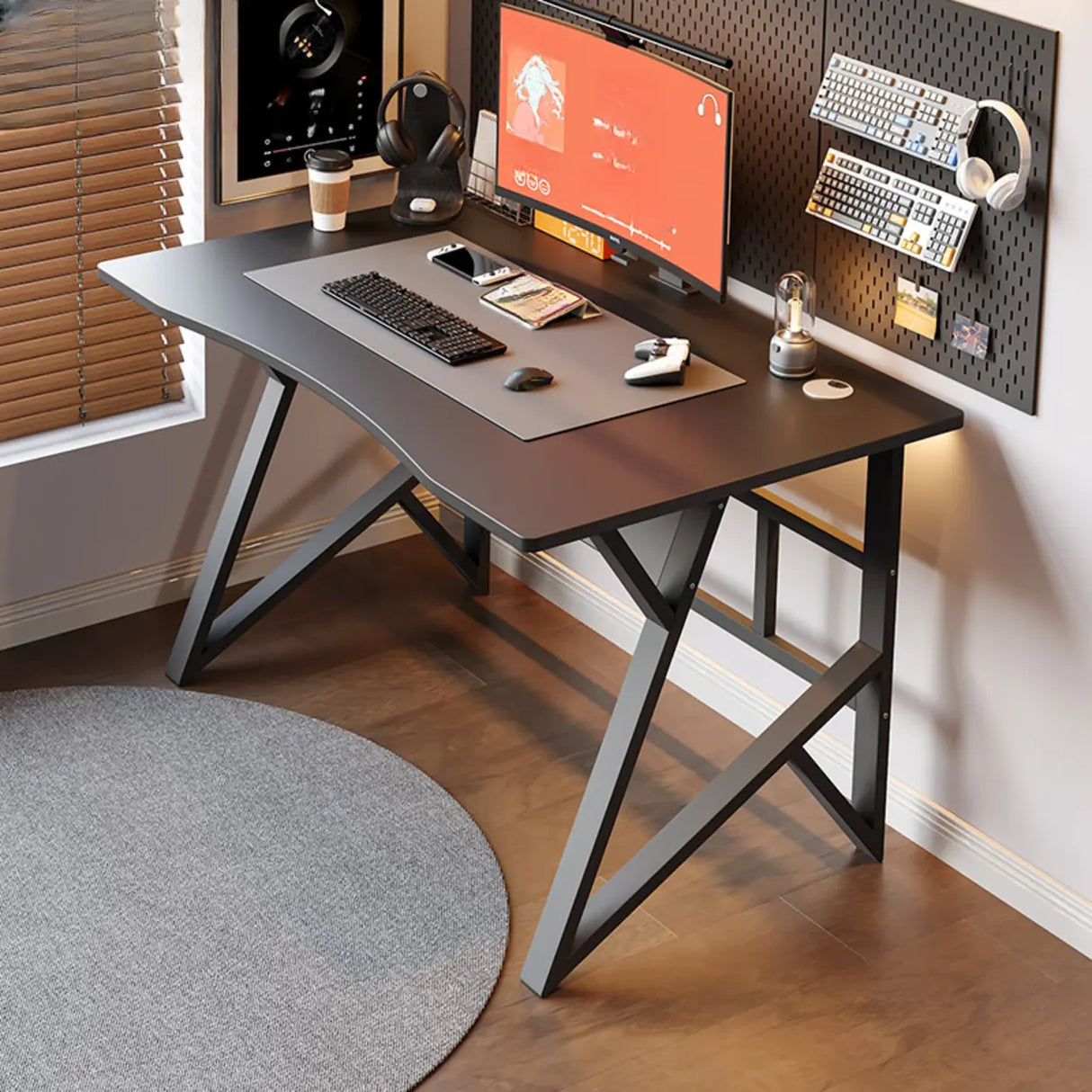 Black Standard Ergonomic Curved Wooden Gaming Desk Image - 2