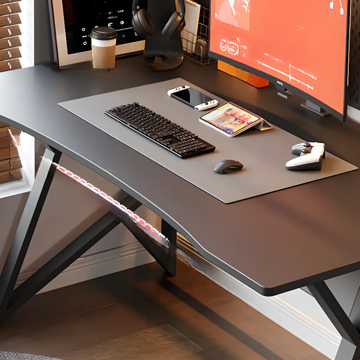 Black Standard Ergonomic Curved Wooden Gaming Desk Image - 7