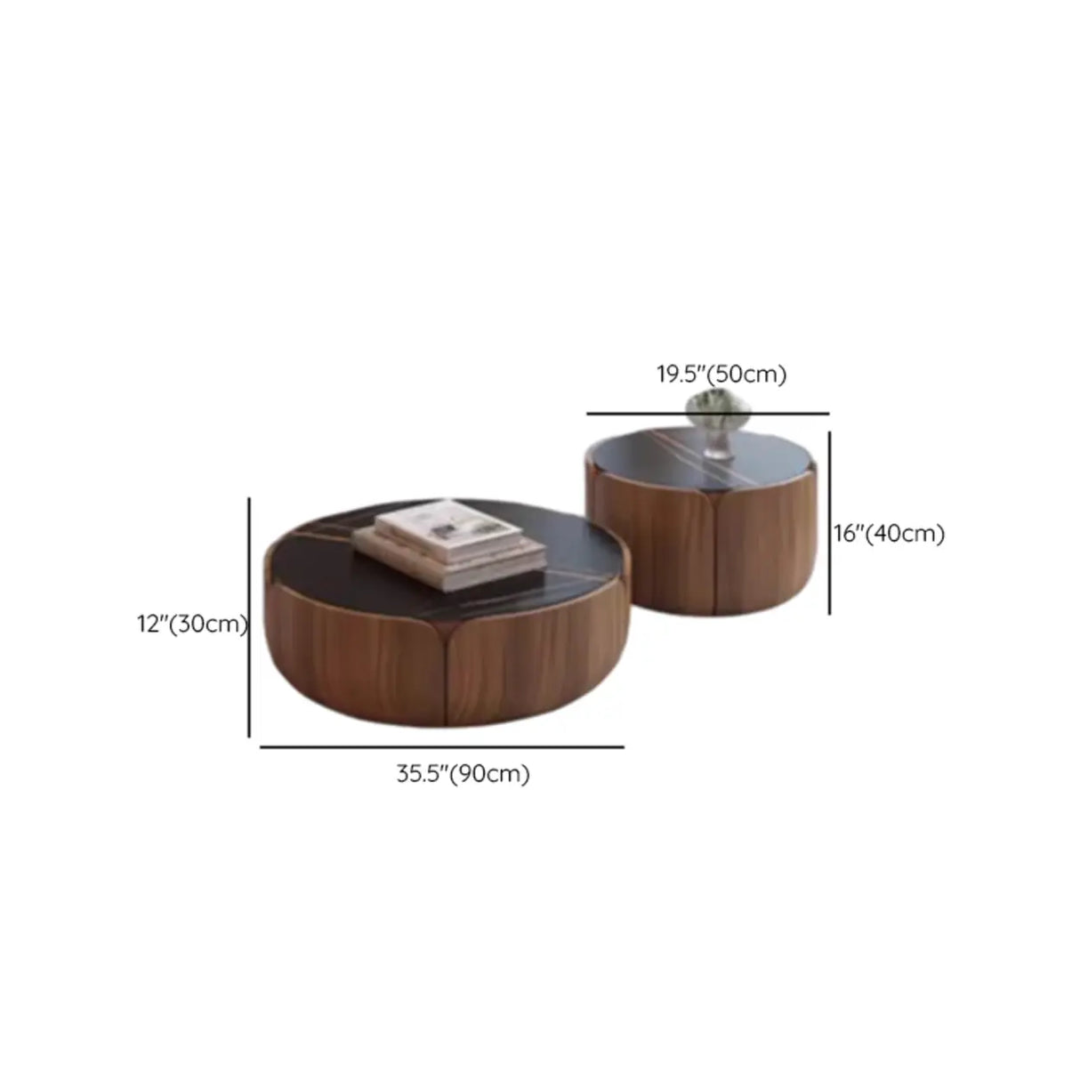 Black Stone Round Brown Wood Base Storage Coffee Table Image - 12