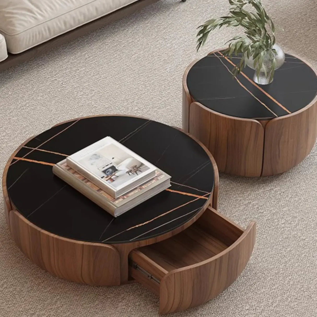 Black Stone Round Brown Wood Base Storage Coffee Table Image - 2