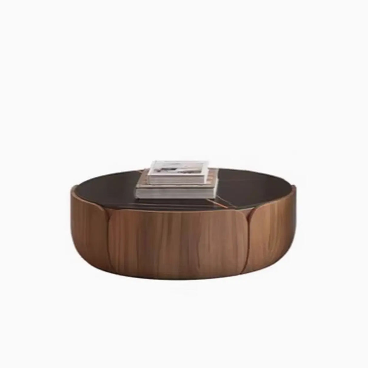Black Stone Round Brown Wood Base Storage Coffee Table Image - 4