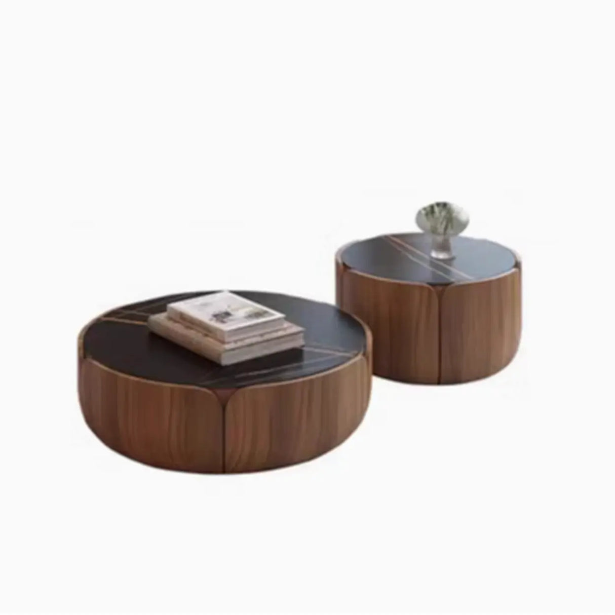 Black Stone Round Brown Wood Base Storage Coffee Table Image - 6