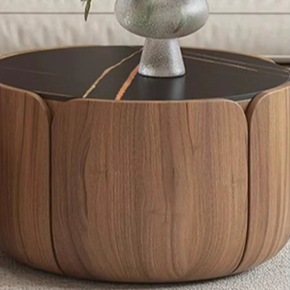 Black Stone Round Brown Wood Base Storage Coffee Table Image - 7