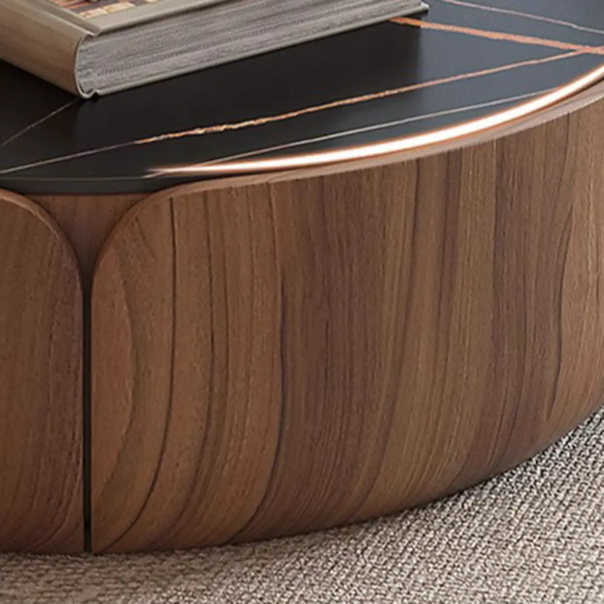 Black Stone Round Brown Wood Base Storage Coffee Table Image - 8