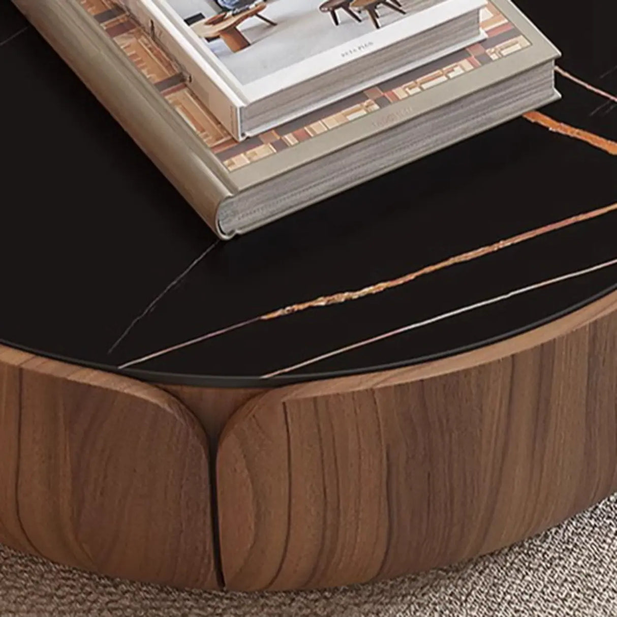 Black Stone Round Brown Wood Base Storage Coffee Table Image - 9