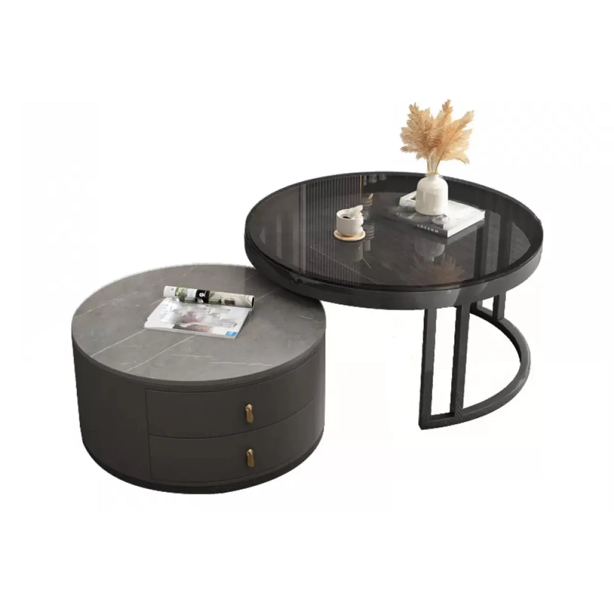 Black Stone Round Coffee Nesting Table with Storage Image - 12