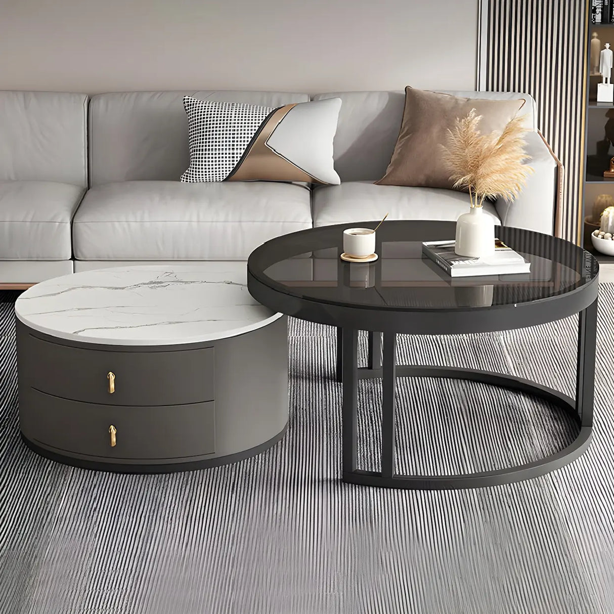 Black Stone Round Coffee Nesting Table with Storage Image - 3
