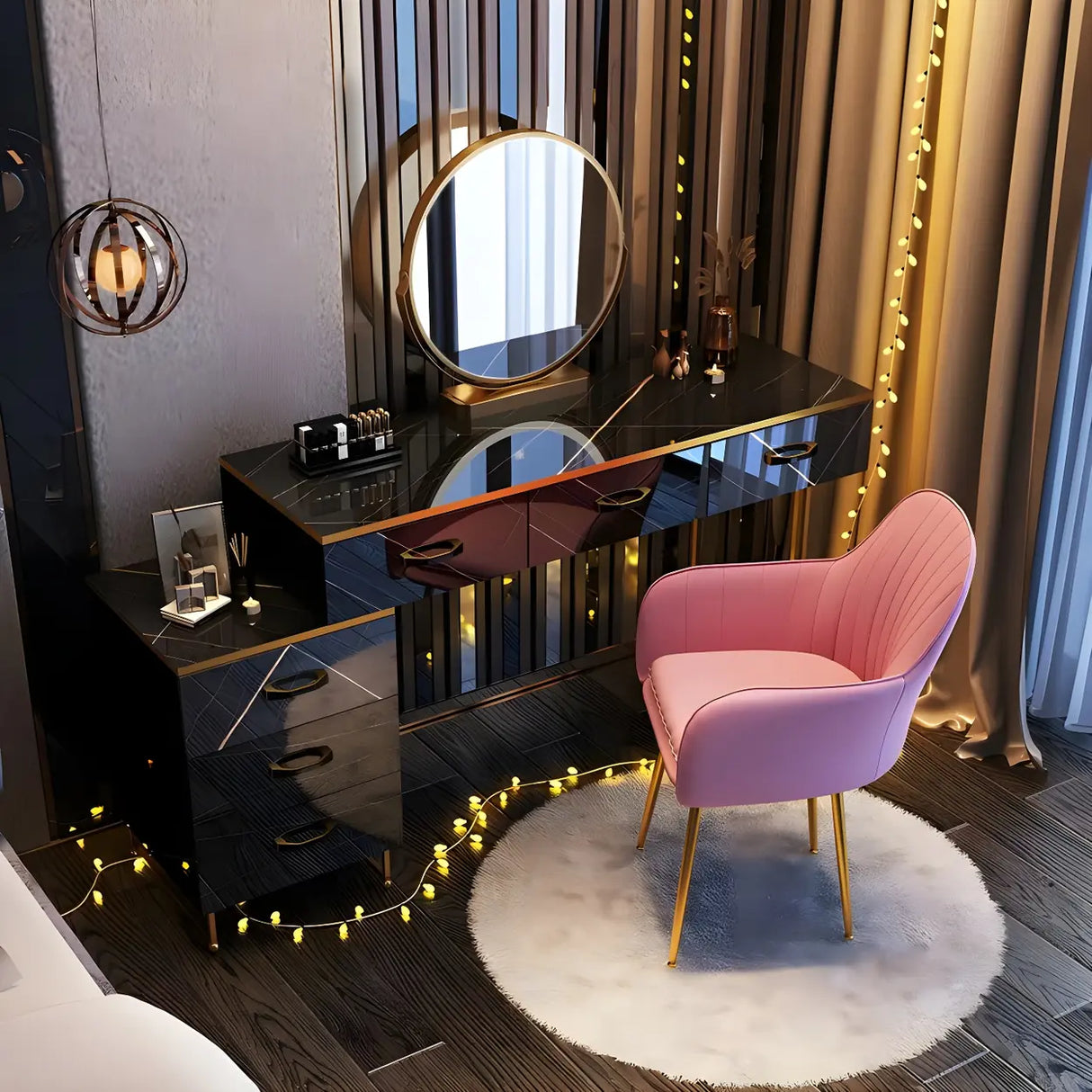 Black Stone Top Wood Makeup Vanity with Drawers Mirror Image - 1