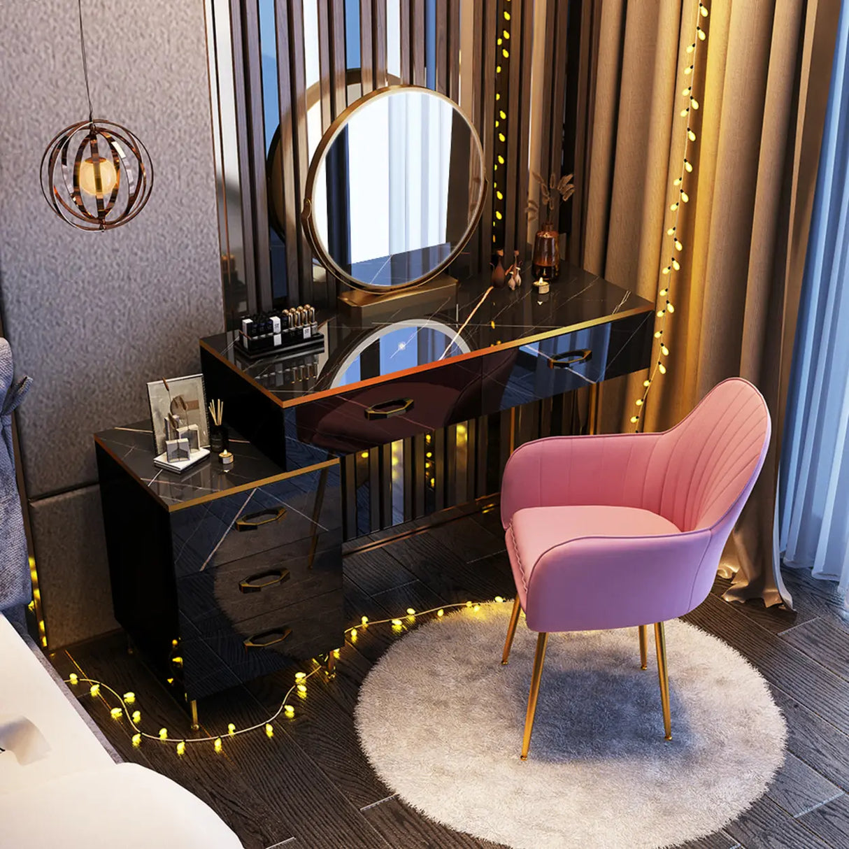 Black Stone Top Wood Makeup Vanity with Drawers Mirror Image - 2