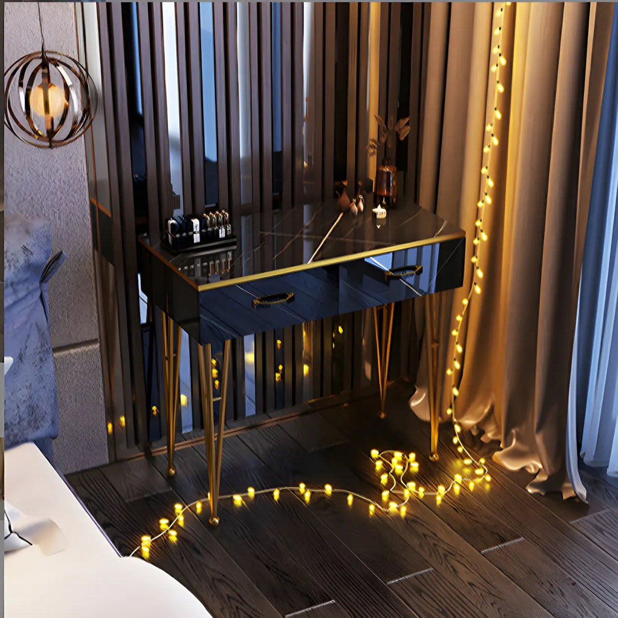 Black Stone Top Wood Makeup Vanity with Drawers Mirror Image - 3