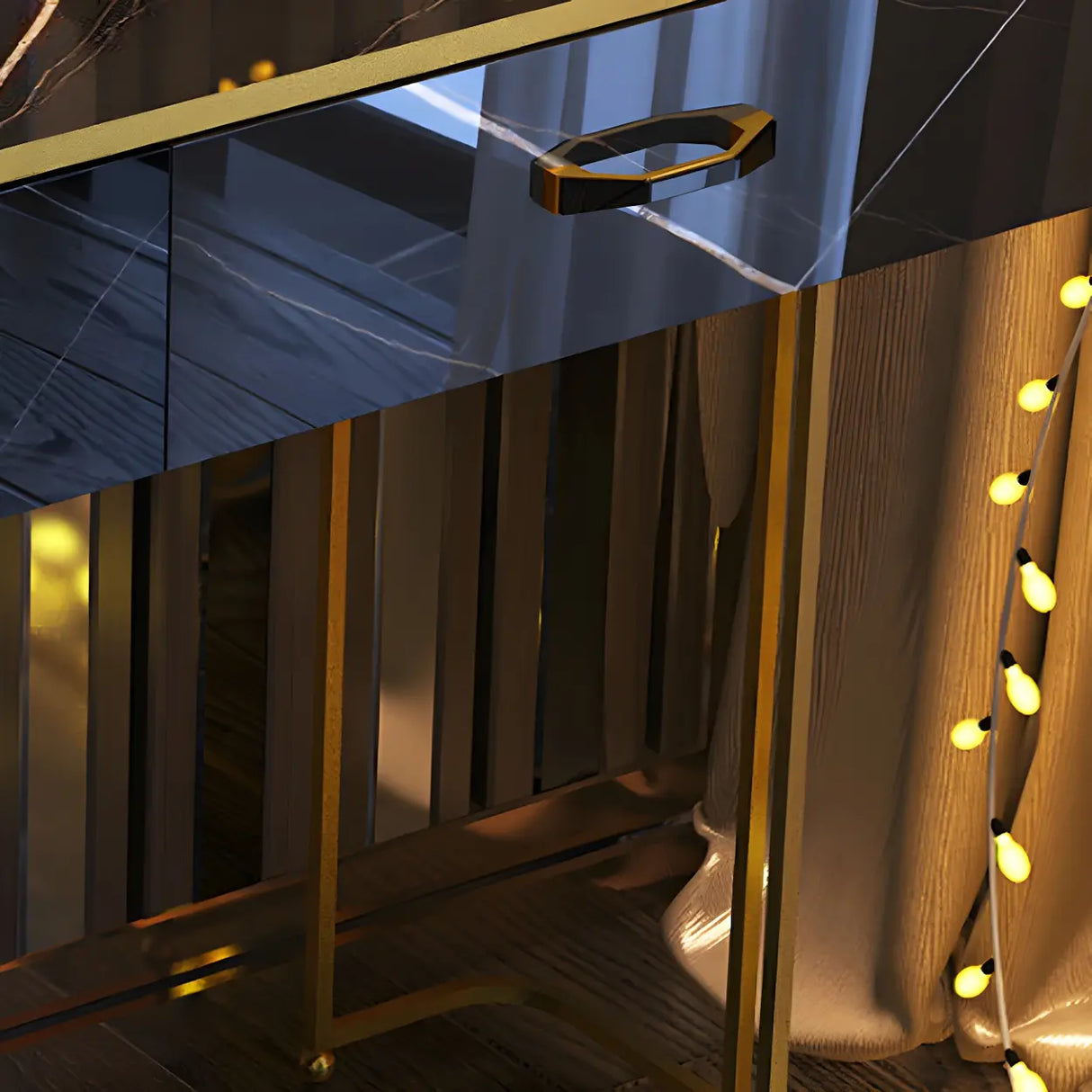 Black Stone Top Wood Makeup Vanity with Drawers Mirror Image - 4