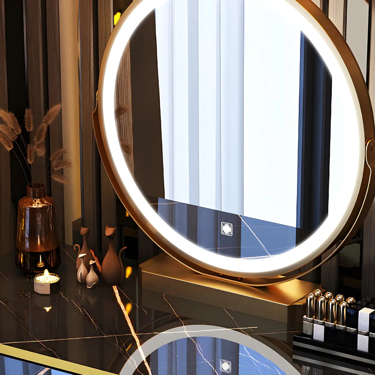 Black Stone Top Wood Makeup Vanity with Drawers Mirror Image - 7