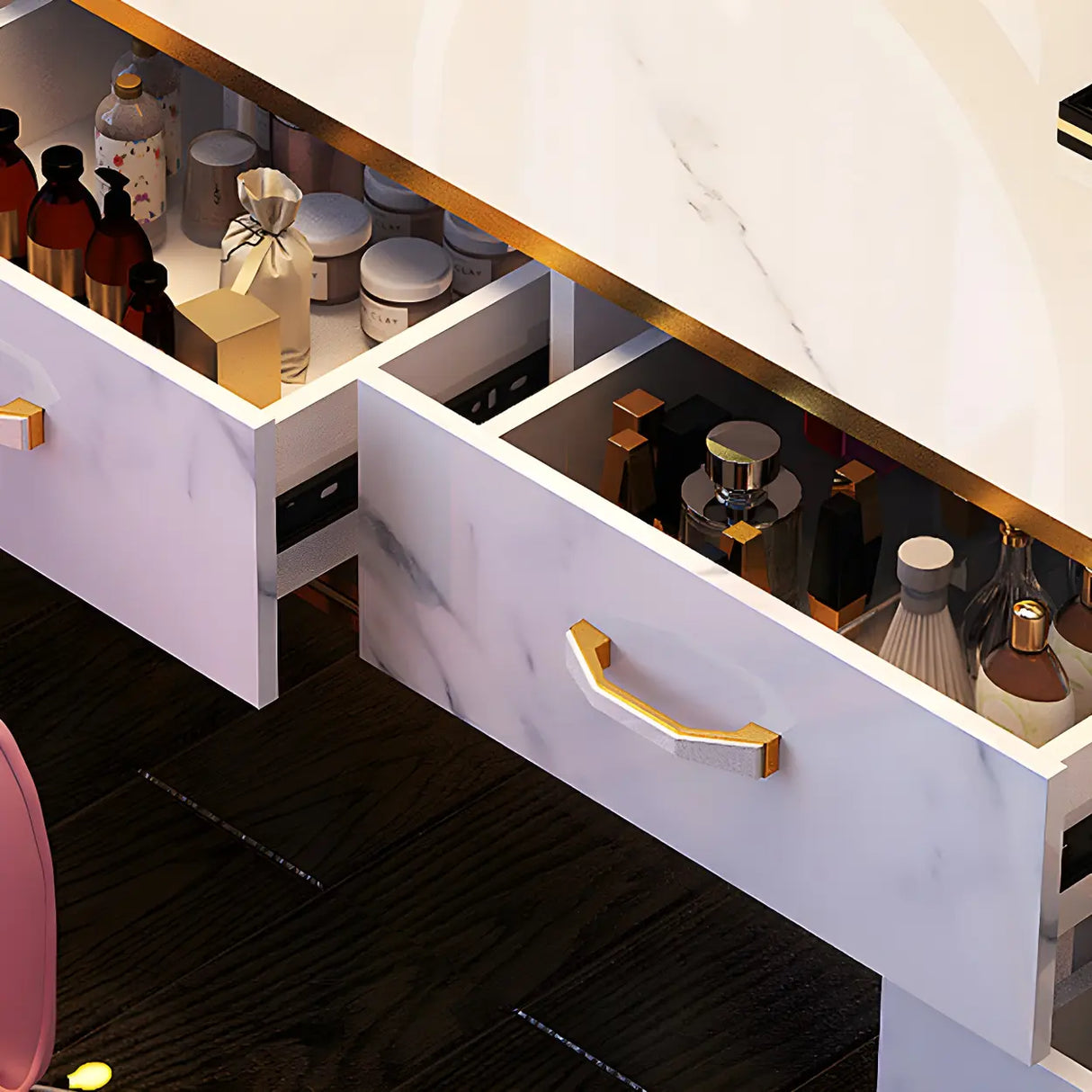 Black Stone Top Wood Makeup Vanity with Drawers Mirror Image - 8