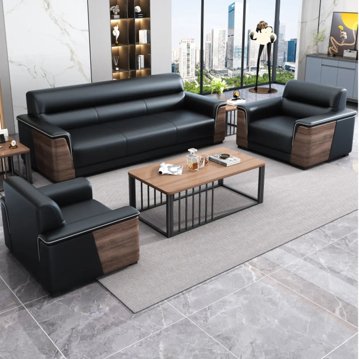 Black Tear Resistant Faux Leather Sewn Pillow Back Sofa Image - 1