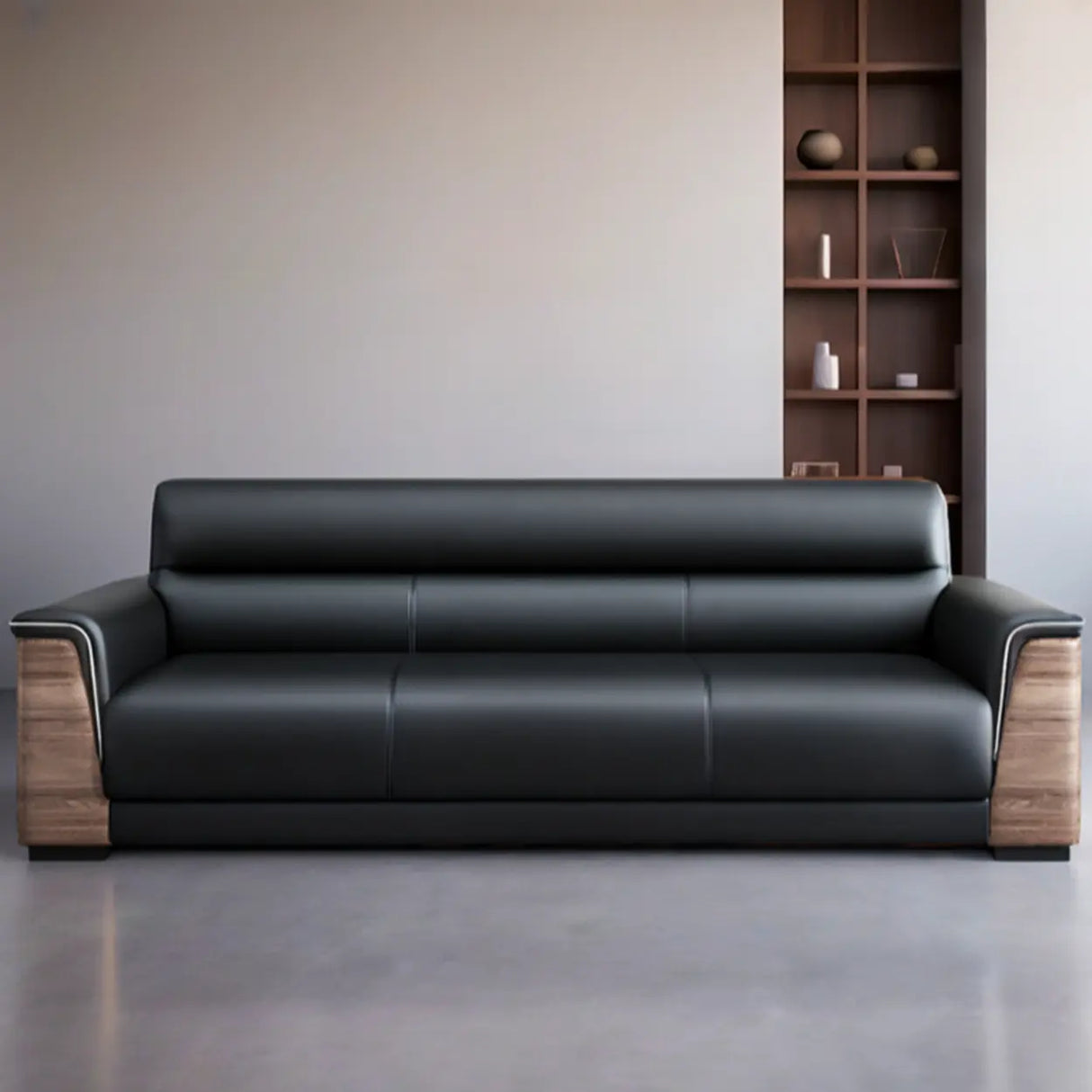 Black Tear Resistant Faux Leather Sewn Pillow Back Sofa Image - 4