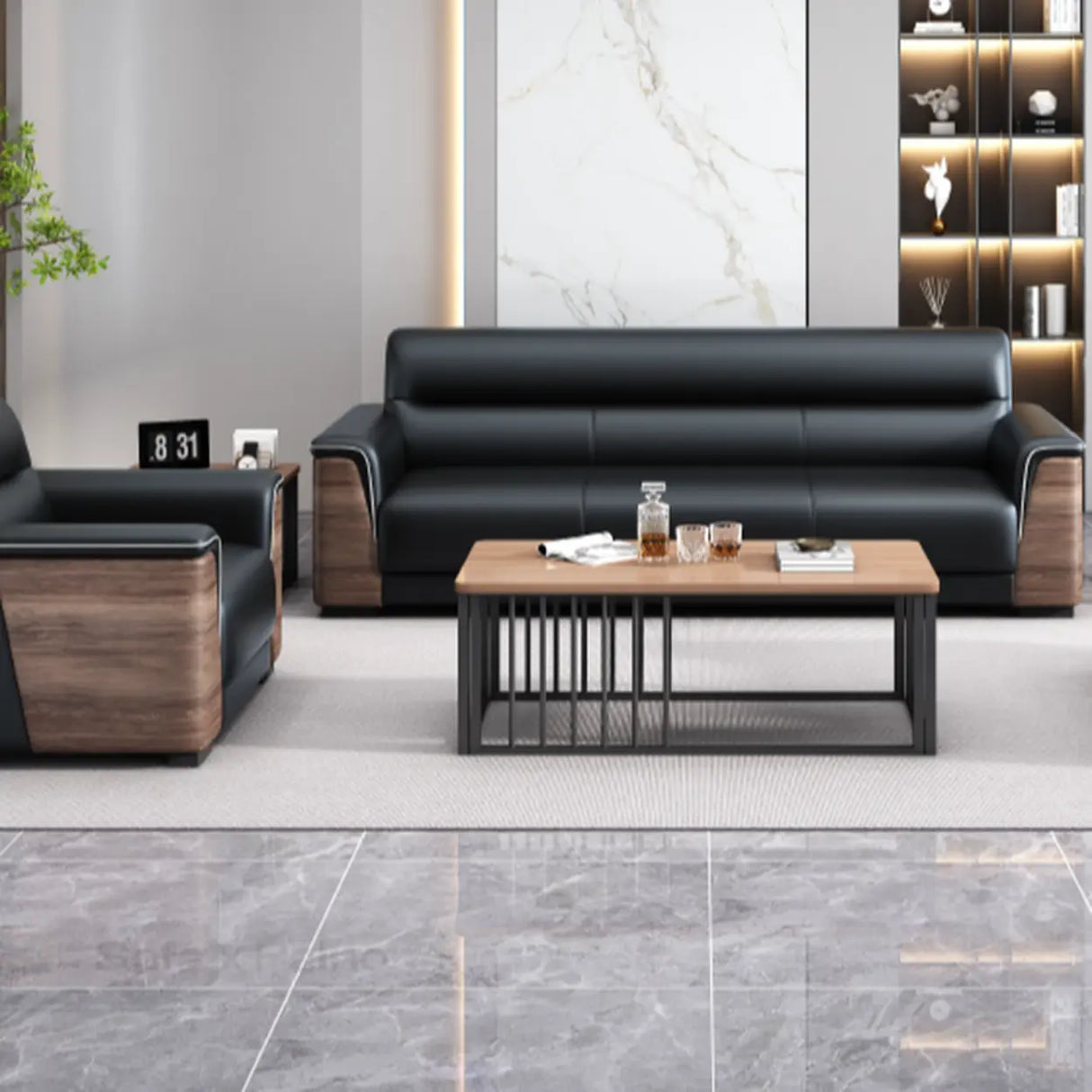 Black Tear Resistant Faux Leather Sewn Pillow Back Sofa Image - 6