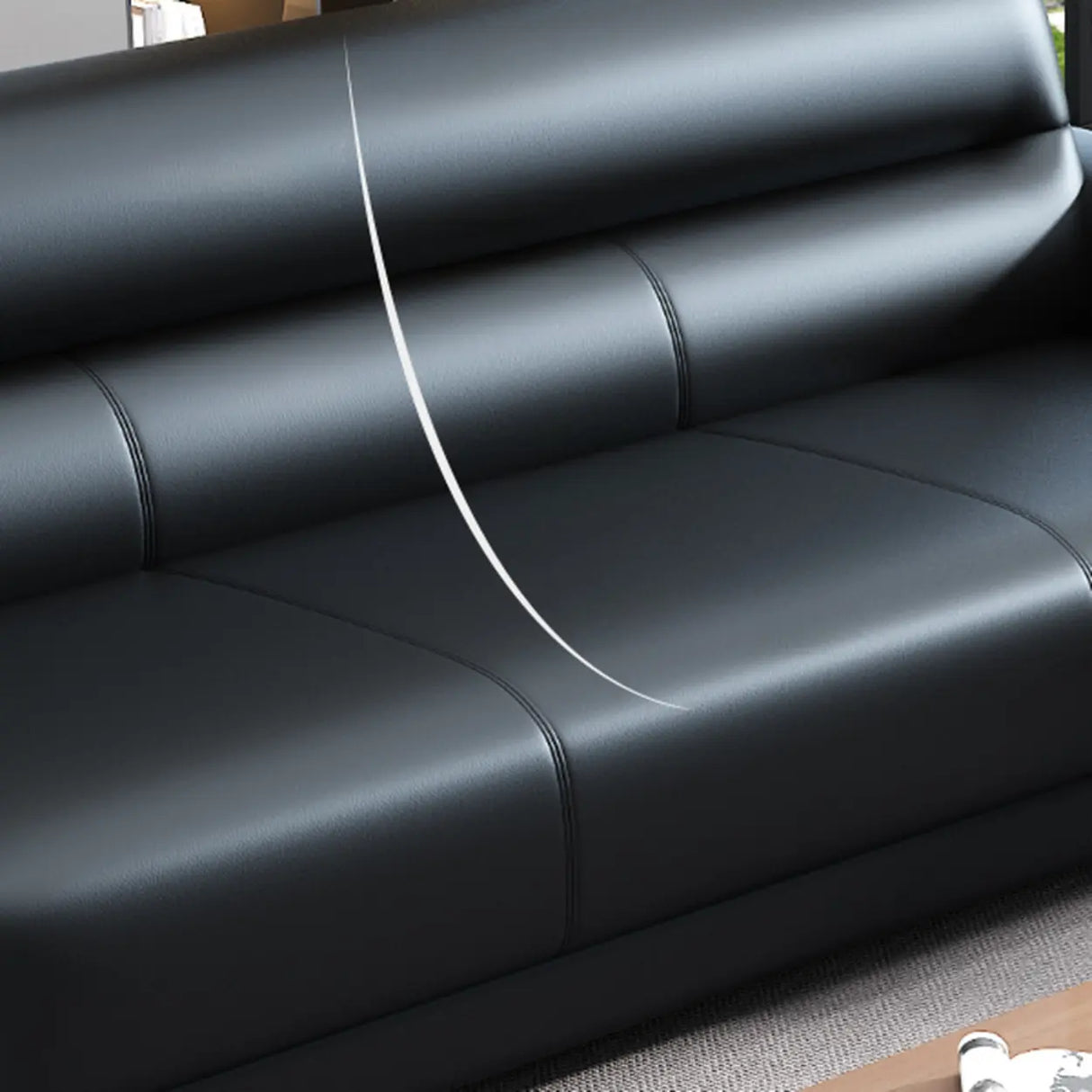 Black Tear Resistant Faux Leather Sewn Pillow Back Sofa Image - 7