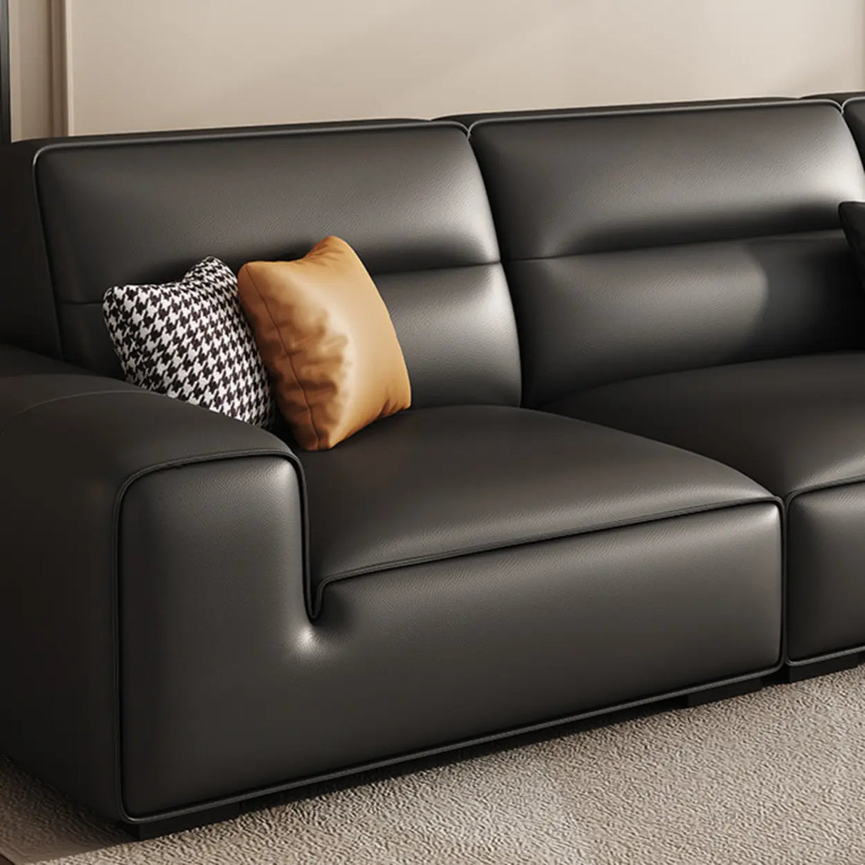 Black Tear Resistant Genuine Leather Foam Fill Sofa Image - 8
