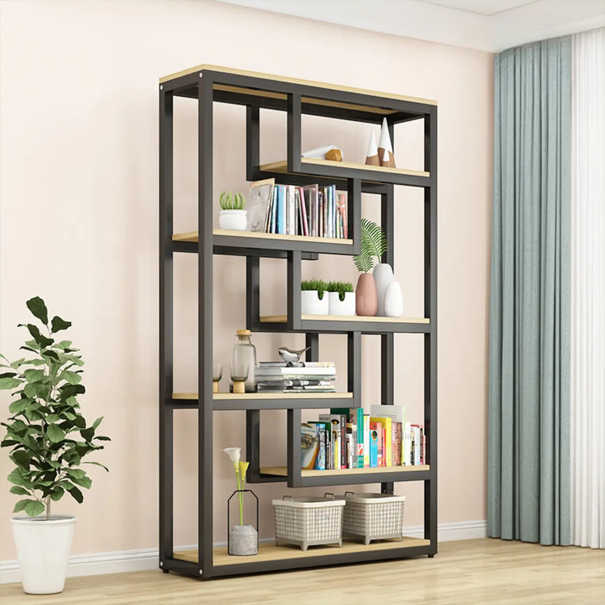 Black Trendy Open Back Steel Vertical Display Bookshelf Image - 2