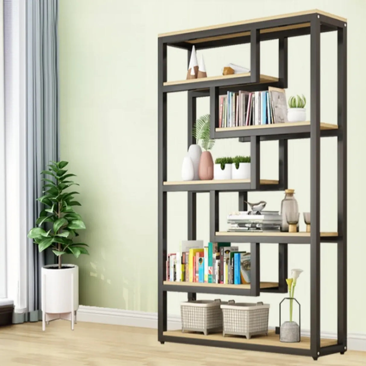 Black Trendy Open Back Steel Vertical Display Bookshelf Image - 4