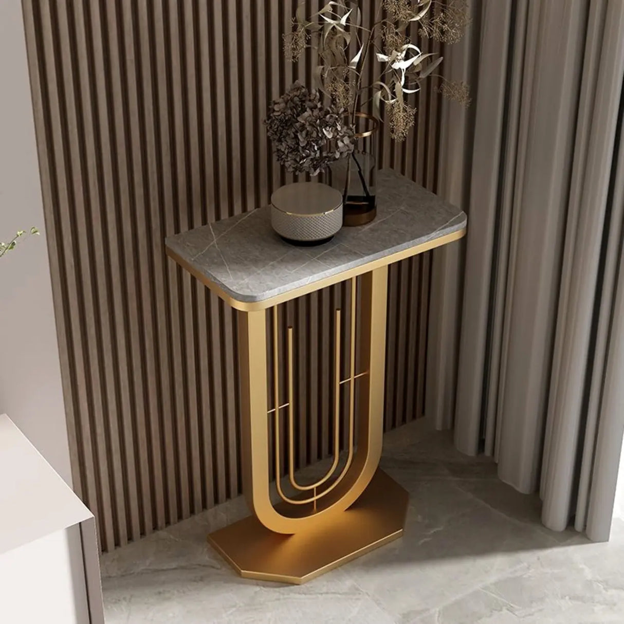 Black U-Shaped Base Sintered Stone Entry Console Table Image - 10