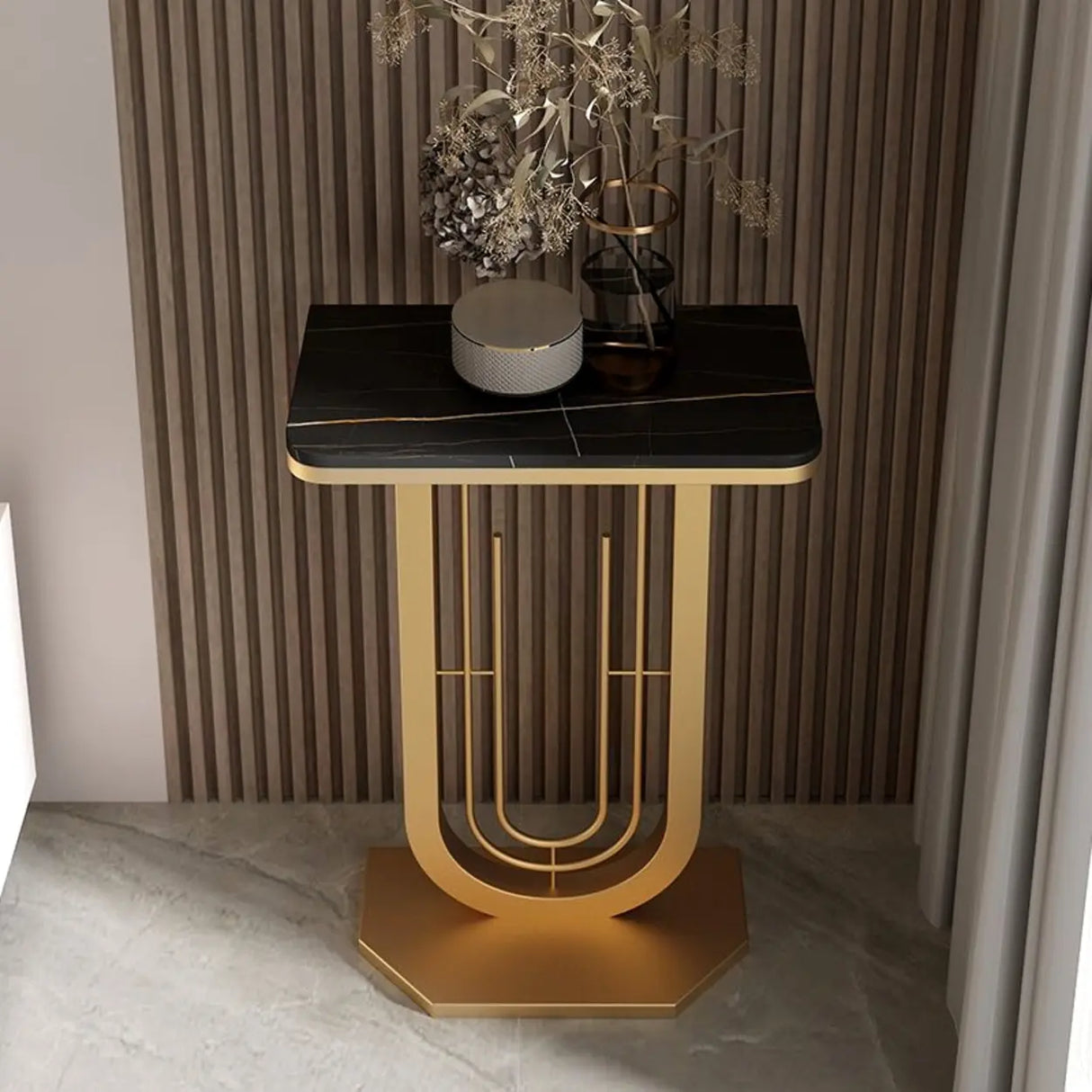 Black U-Shaped Base Sintered Stone Entry Console Table Image - 11
