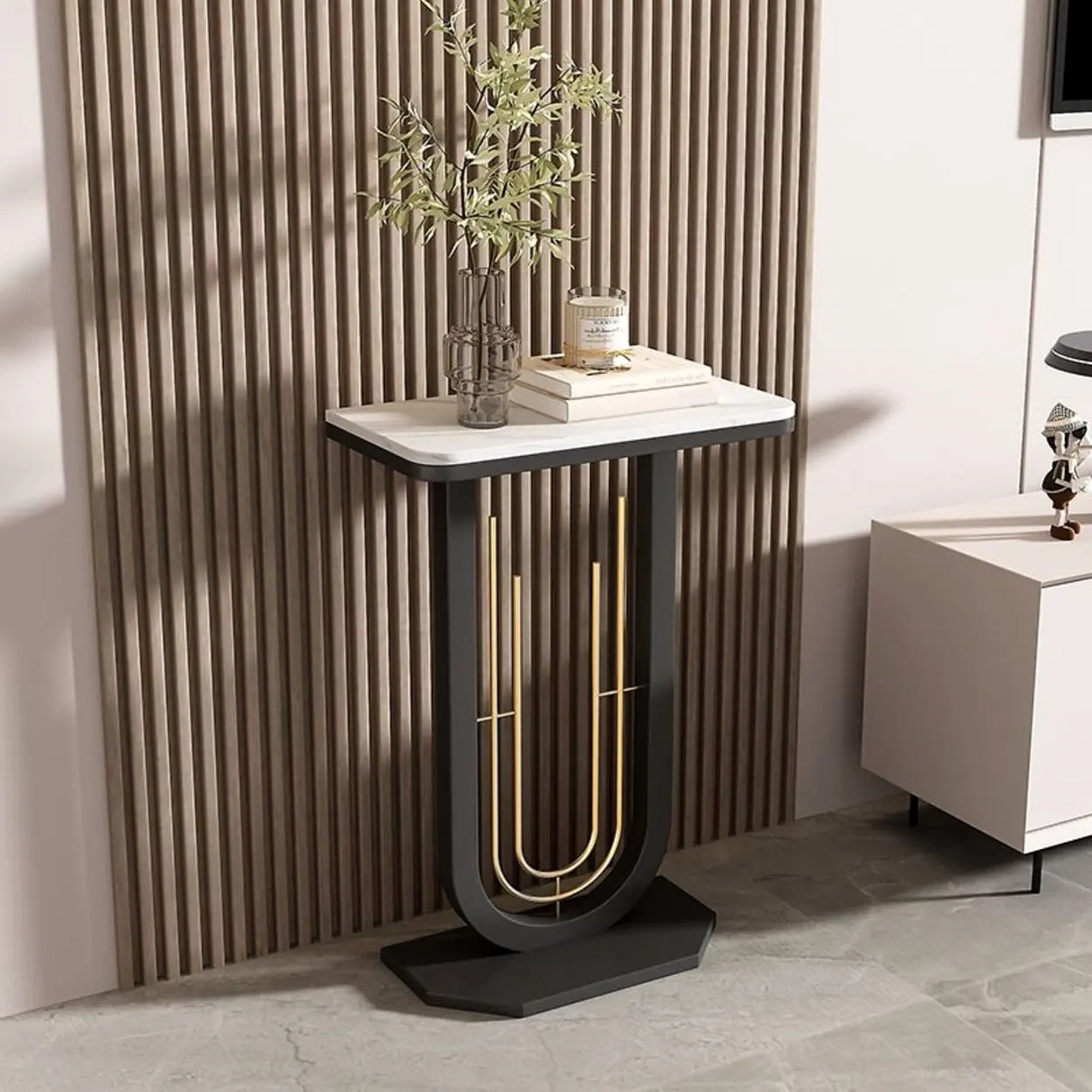 Black U-Shaped Base Sintered Stone Entry Console Table Image - 12