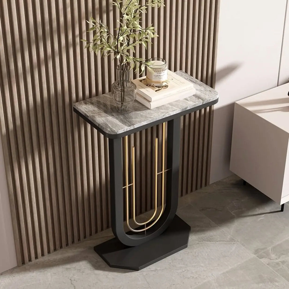 Black U-Shaped Base Sintered Stone Entry Console Table Image - 13
