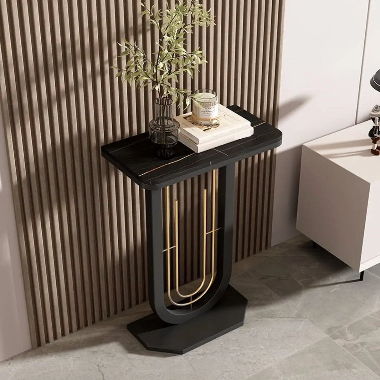 Black U-Shaped Base Sintered Stone Entry Console Table Image - 14