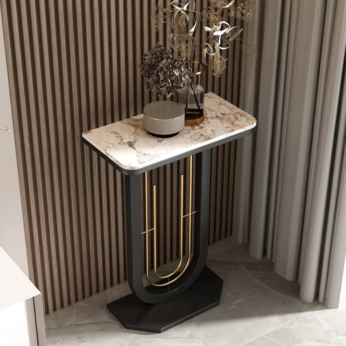 Black U-Shaped Base Sintered Stone Entry Console Table Image - 2