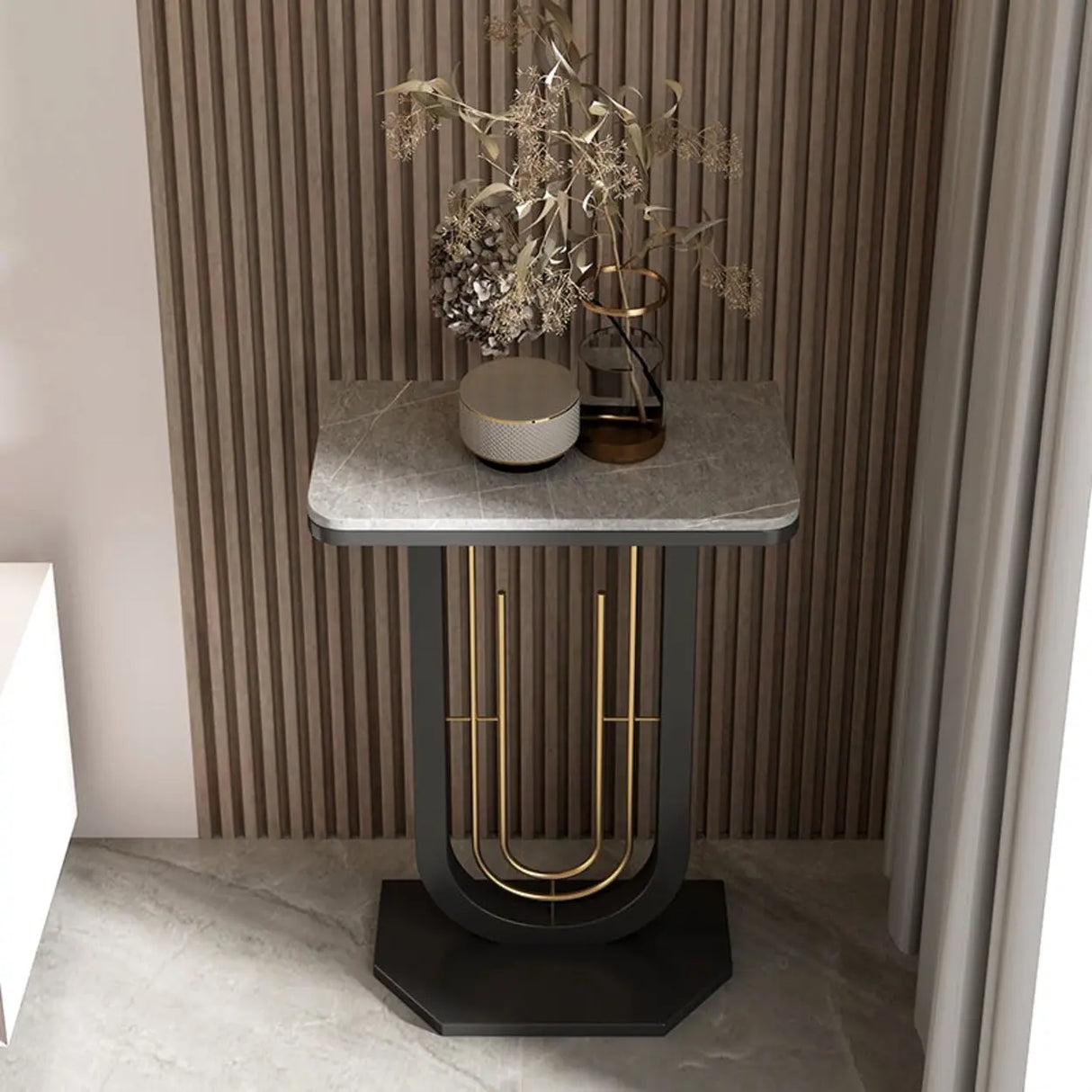 Black U-Shaped Base Sintered Stone Entry Console Table Image - 3