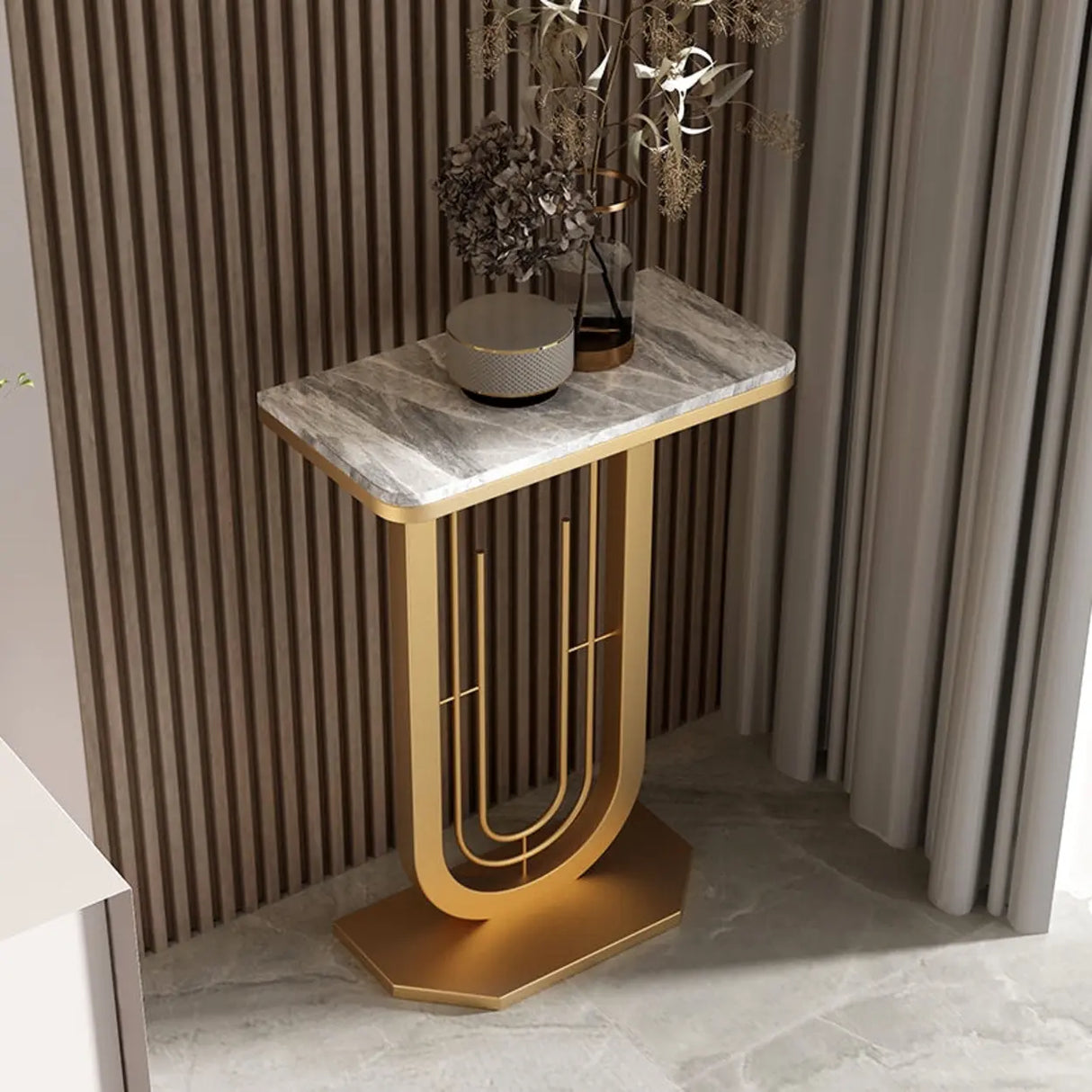 Black U-Shaped Base Sintered Stone Entry Console Table Image - 9