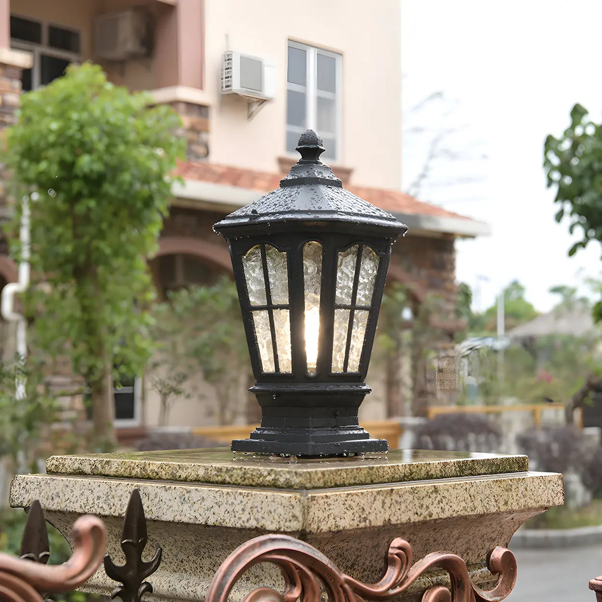 Black Vintage Metal Lantern Outdoor Post Light Image - 3